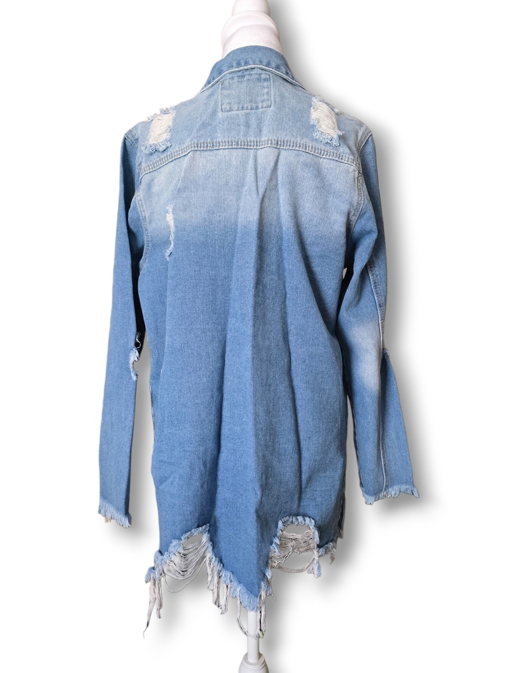 NWT American Bazi Distressed Long Light Blue Denim Jacket - Size Small - Picture 4 of 9